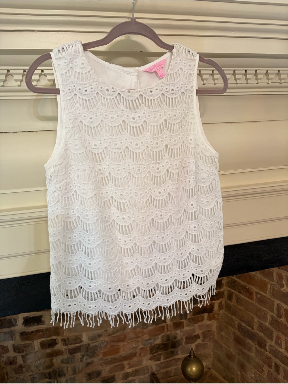 Lilly Pulitzer White Crochet Fringe Sleeveless Top Sz Small